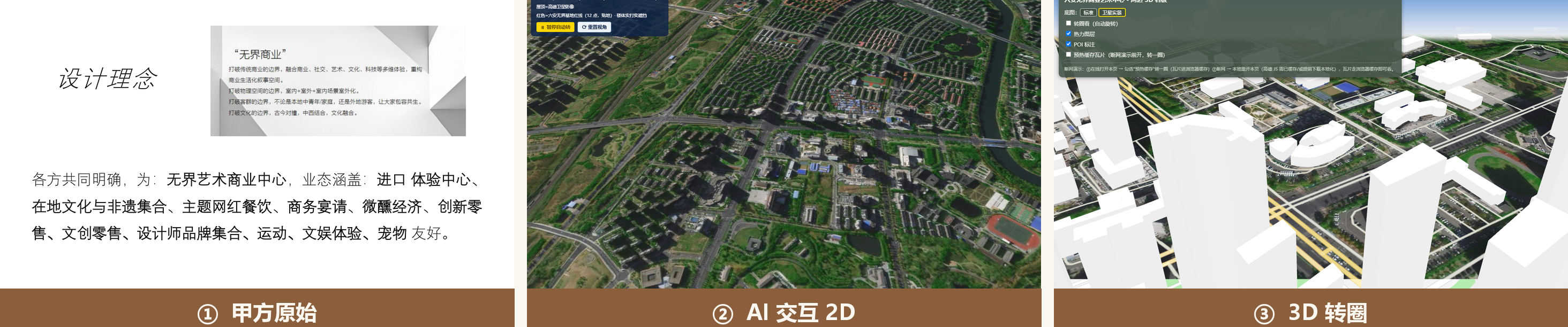 三拼对比图：甲方原始 | AI 交互 2D | 3D 转圈